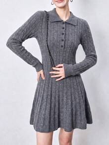 Women's New Autumn Cable Knit Design Turn Collar Waist-Cinching Slimming Dress - Grey - View 1