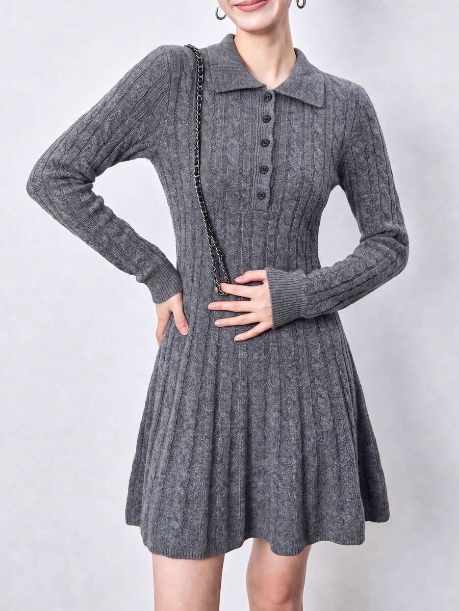 Women's New Autumn Cable Knit Design Turn Collar Waist-Cinching Slimming Dress - Grey - View 1