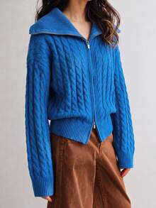 Women's Autumn/Winter Casual Minimalist Vintage Style Lapel Knit Cardigan Jacket - Blue - View 4