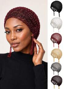 Turban Jala Transparan Berhiaskan Manik-Manik Mewah, Hijab Muslim Panjang dengan Rumbai Manik-Manik, Penutup Kepala Jala yang Bernapas, Penutup Kepala Elegan dan Sopan untuk Pesta Pernikahan - MultiWarna - View 2