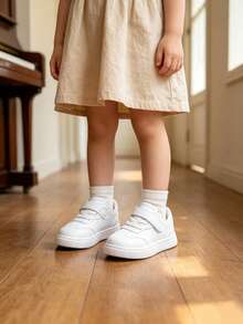 Sepatu Sneakers Putih Dasar Anak-Anak dengan Penutup Velcro, Sepatu Skate Kasual Sol Lembut untuk Anak Laki-Laki dan Perempuan - Putih - View 6