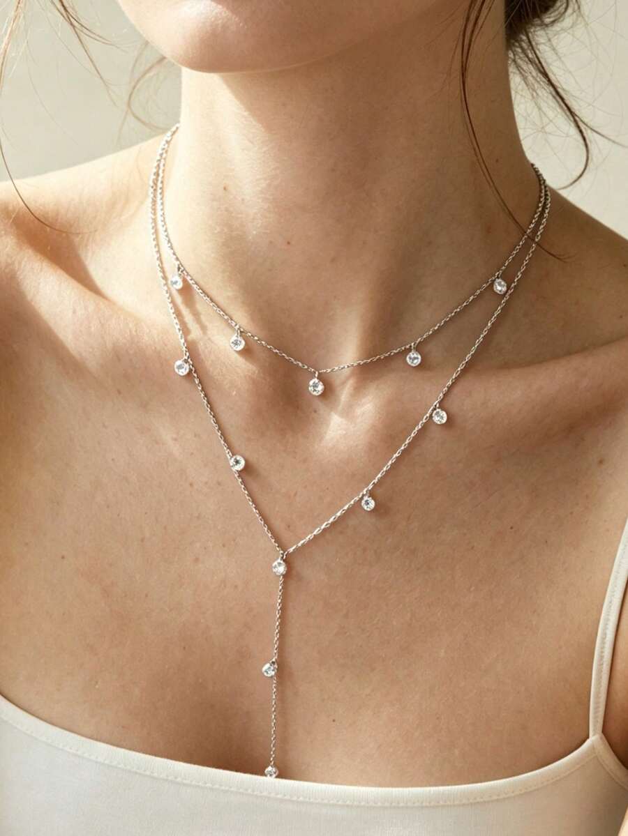 925 Sterling Silver Rhodium Plated Necklace With Cubic Zirconia Tassel, Layerable - Silver - View 1