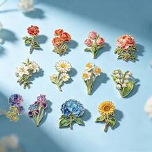 12 Piezas/Set Broche de Flor de Color Mixto, Broche con Forma de Flor de Patrón de Planta de Esmalte, Material de Esmalte - Multicolor - Ver 3