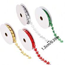 10yards/Roll 1.5cm Festive Star-Shaped Satin Ribbon Rolls In Gold, Red, White & Green - Christmas Craft Trim For Holiday Gift Wrapping, Tree Garland, - Star - View 4