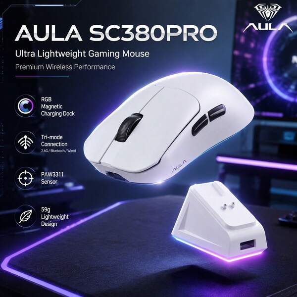AULA SC380Pro Wireless Gaming Mouse,59g Ultra‑Lightweight,Tri‑Mode BT5.3/2.4G/Wired,RGB Magnetic Charging Dock,PAW3311 Sensor,12000DPI 1000Hz Polling Rate,Right‑Hand Ergonomic,7 Programmable Buttons,With Anti‑Slip Tape,For PC Laptop Gaming Office