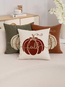 1pc Beige Pumpkin Embroidered Pillowcase, Thanksgiving Fall Letter Embroidered Pillowcase, Suitable For Indoor Decor, Thanksgiving Decoration, All Season Pillowcase, Without Insert - Beige - View 7