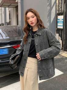 Women's Loose Fit Solid Color Denim Jacket - Grey - View 2