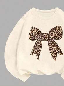 Young Girl Cartoon Bow Print Round Neck Long Sleeve Top And Flare Pants - Apricot - View 5