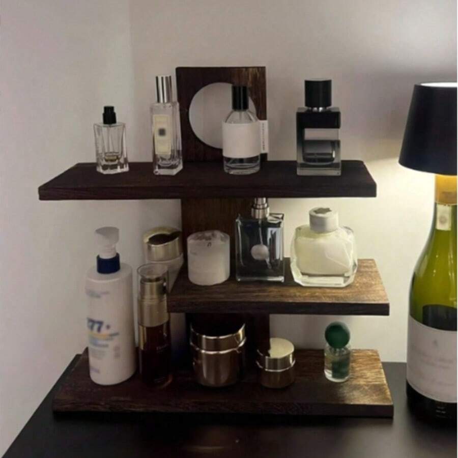 1pc Vintage Wooden Perfume Storage Rack, Solid Wood Cosmetic Organizer, Multi-Layer Display Shelf - Brown - View 1