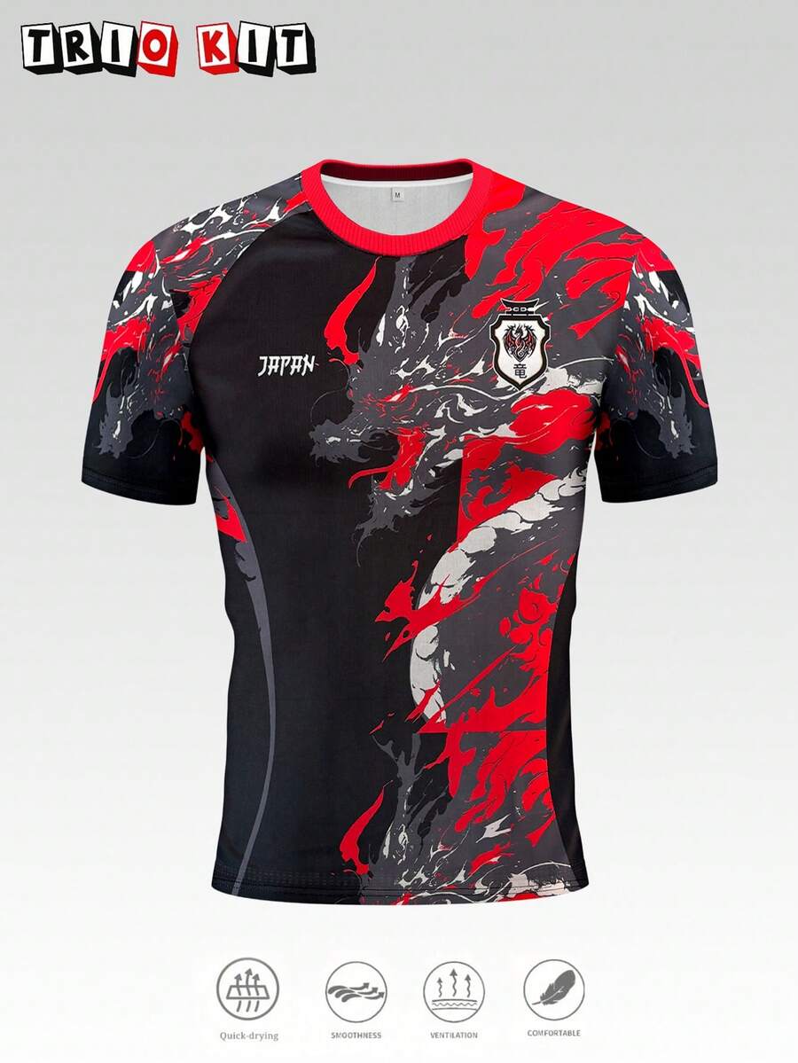 New Japanese Style Autumn Men's Soccer Jersey, Soft Sports Top, Black Dragon Pattern Ink Painting Print