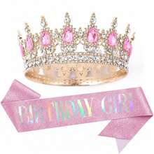 1pc/2pcs Birthday Girl Crown & Sash Set, Rose Gold/Purple/Gold Rhinestone Tiara + Glitter Sash, Women & Girls Birthday Party Accessories - Multicolor - View 9