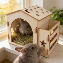 Wooden Rabbit Hideout With Hay Feeder, Star & Moon Hollow Rabbit Shelter, Detachable Guinea Pig Hideout Nest, Small Pet Wooden Habitat Decoration - one-size - View 5
