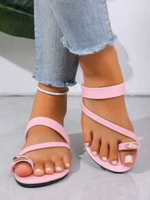 planare Sandalias planas de mujer de moda casual de verano con punta redonda y decoración dorada, sandalias elegantes de mujer, sandalias de playa, zapatos planos de mujer, pantuflas, sandalias rosas de mujer - Rosa - Ver 5