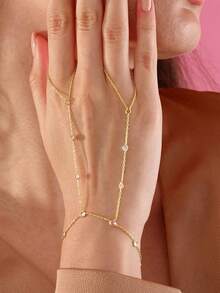 1pc Gold Fashionable Unique Design Double Finger Connected Bracelet For Women, High-End Rhinestone Embellished Hand Chain Jewelry For Ball, Banquet And Party - Gold - View 4
