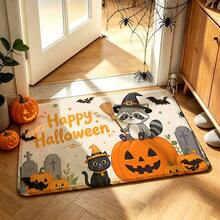 1pc Halloween Raccoon Black Cat Pumpkin Bat Pattern Entryway Doormat, Cartoon Style Polyester Rectangular Non-Slip Scratch-Resistant Dust-Removing Door Mat, Suitable For Halloween Holiday Entrance Door Front Outdoor Indoor - 0713+MZGJ - View 6