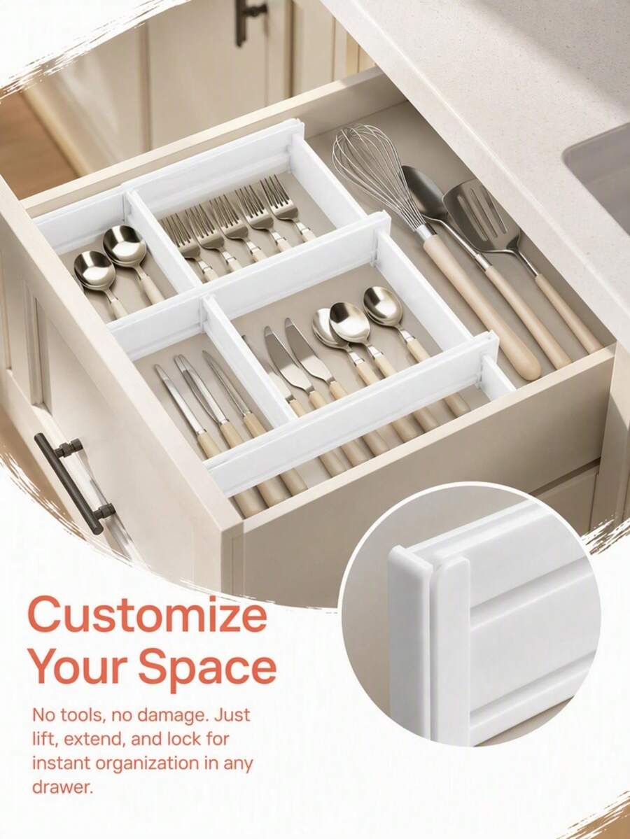 2pcs Expandable Drawer Dividers Adjustable Storage Partition Organizers, DIY Combination Grid Separators Baffles For Kitchen Cabinet, Bedroom Closet, Wardrobe Clothes, Makeup Cosmetic Organization Board Dustproof Home - White - View 1