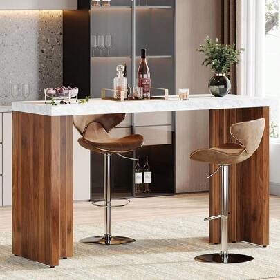 55 Inch Bar Table, Modern Counter Height Pub Table, Faux Marble Tabletop Rectangular High Dining Table, Home Coffee Bar Furniture Unit For Kitchen Living Room, Walnut And White, 1 Piece