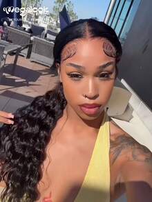 MEGALOOK Wig Lace Depan Bohemian Bergelombang Tiga Bagian 13x6, Garis Rambut Transparan, Dengan Tali Serut, Garis Rambut Alami yang Sudah Dicabut, Simpul yang Sudah Dibleaching, Wig Rambut Manusia - SNatural - View 4