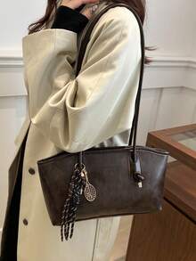 Bolso de bolos vintage rojo merlot de PU acolchado, gran capacidad, cierre con cremallera, adecuado para ir al trabajo y uso diario (colgante no incluido) - Café integral - Ver 4