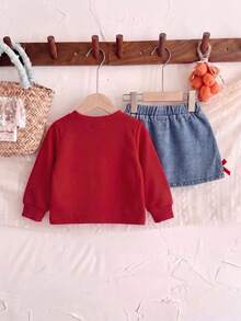 Baby Girl Fashion Bow Pattern Print Crew Neck Long Sleeve Sweatshirt And 3D Bow Decor Ruched Denim Skirt Set - Red - View 2