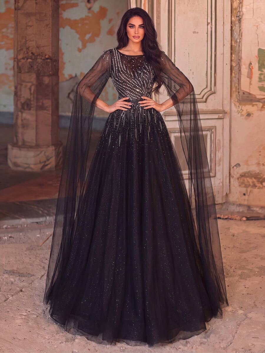 Elegant Black Long Ball Gown With Rhinestone Sequin Embellished Bodice And Sheer Extra-Long Cloak Sleeves, Perfect For Formal Evening Parties