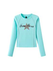 Autumn Slim Fit Round Neck Long Sleeve Women's T-Shirt, Niche Star & Letter Print Unique Mint Green Top - Mint Green - View 6