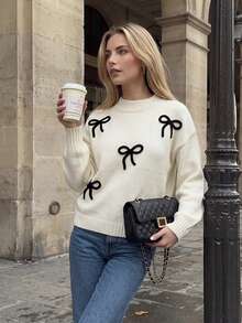 Nicenter Women's Fall Winter Cozy Simple Cream 3D Bow Applique Crew Neck Drop Shoulder Long Sleeve Wool Blend Sweater, For Office Daily Home Date - White - View 7