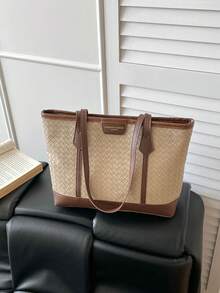 Cross-Border Woven Color-Block Rhombus Embossed Large Capacity Tote Bag Shoulder Large Bag Versatile Fashion Tote Bag For Women - Khaki - View 1
