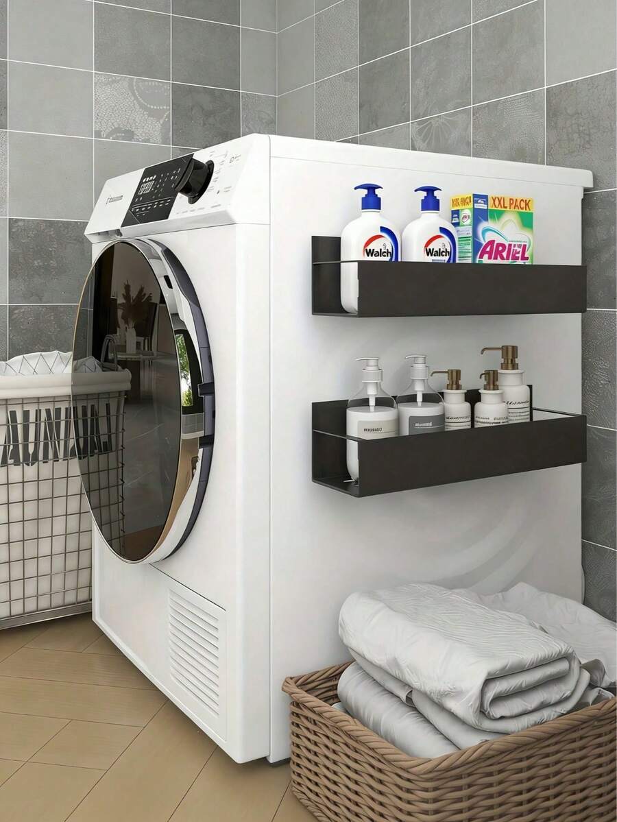 1/2pcs Magnetic Side Storage Rack, Suitable For Refrigerator And Washing Machine, No Drilling Required, Stylish Black Metal Surface, Wall-Mounted Spice Rack, Perfect For Storing Laundry Supplies