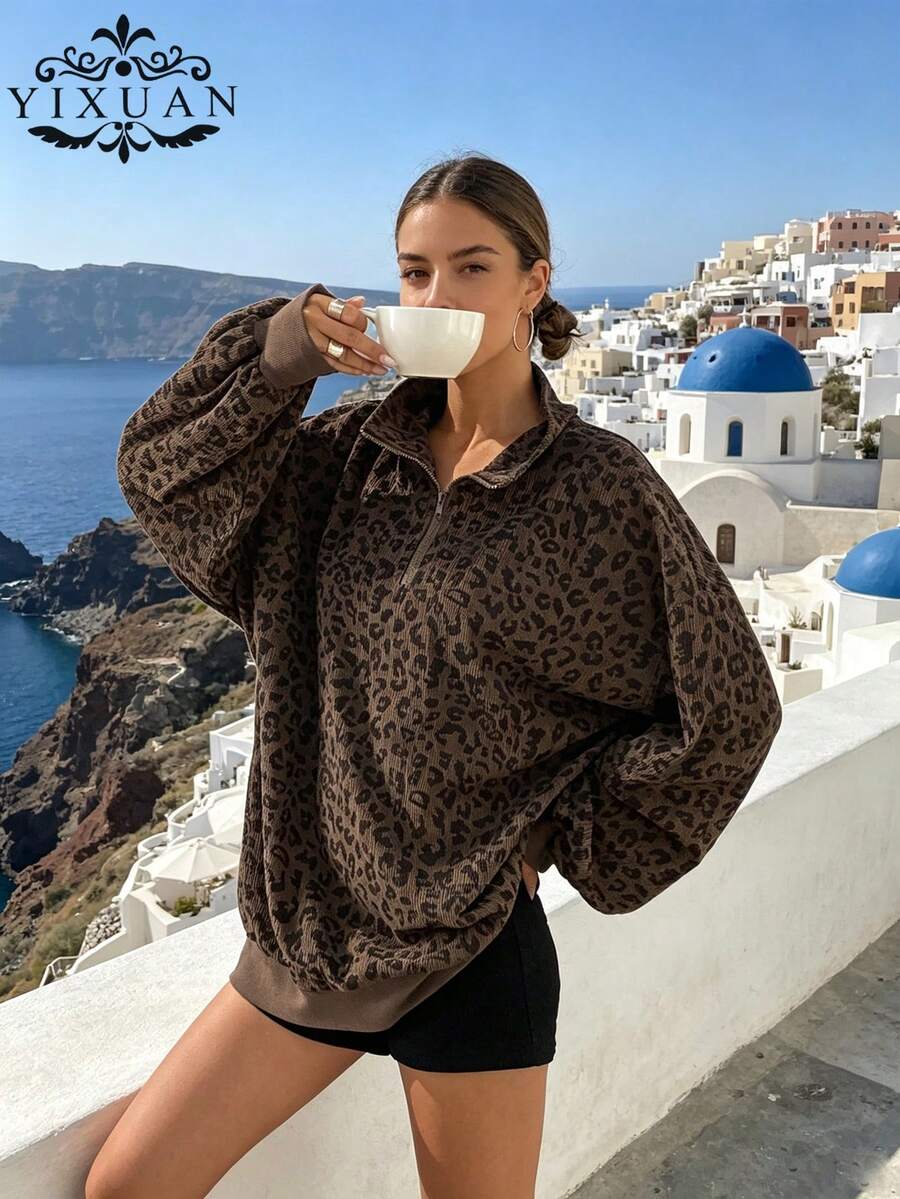 YI XUAN Áo sweatshirt nữ cỡ lớn in họa tiết da báo, kiểu dáng rộng rãi, phong cách đường phố, thích hợp cho mùa thu/xuân.