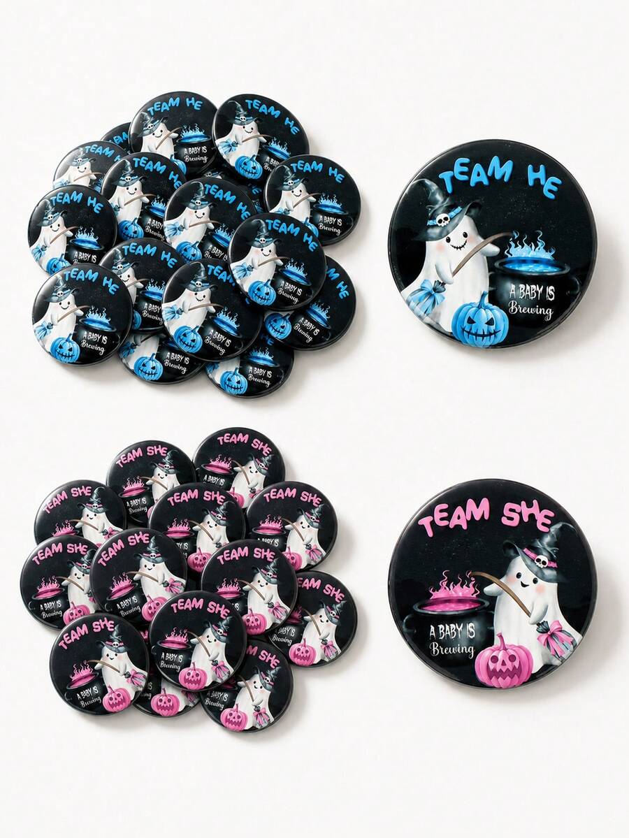 30pcs Gender Reveal Boy Girl Team Brooches, Halloween Button, Gender Reveal Pins, Ghost Pins, Baby Shower Badges, Halloween Decorations, Halloween Party Supplies, Baby Shower Supplies, Suitable For Gender Reveal Party Games And Baby Shower Decorations, Boy Girl Team Brooches - Multicolor - View 1