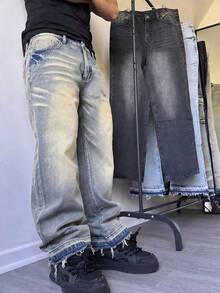 男士寬鬆寬腿水洗破舊牛仔褲，街頭風休閒百搭原邊直筒牛仔褲，四季皆宜 - 藍色 - 查看 2