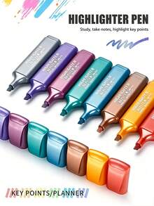 8pcs Metallic/Fluorescent Highlighter Pen Set, Glitter Pens With 1-5mm Beveled Tip, Quick-Drying And Smudge-Proof, Colorful Marker Pens For Students To Highlight And Mark, Suitable For Bullet Journaling And Artistic Creation - Default - View 13