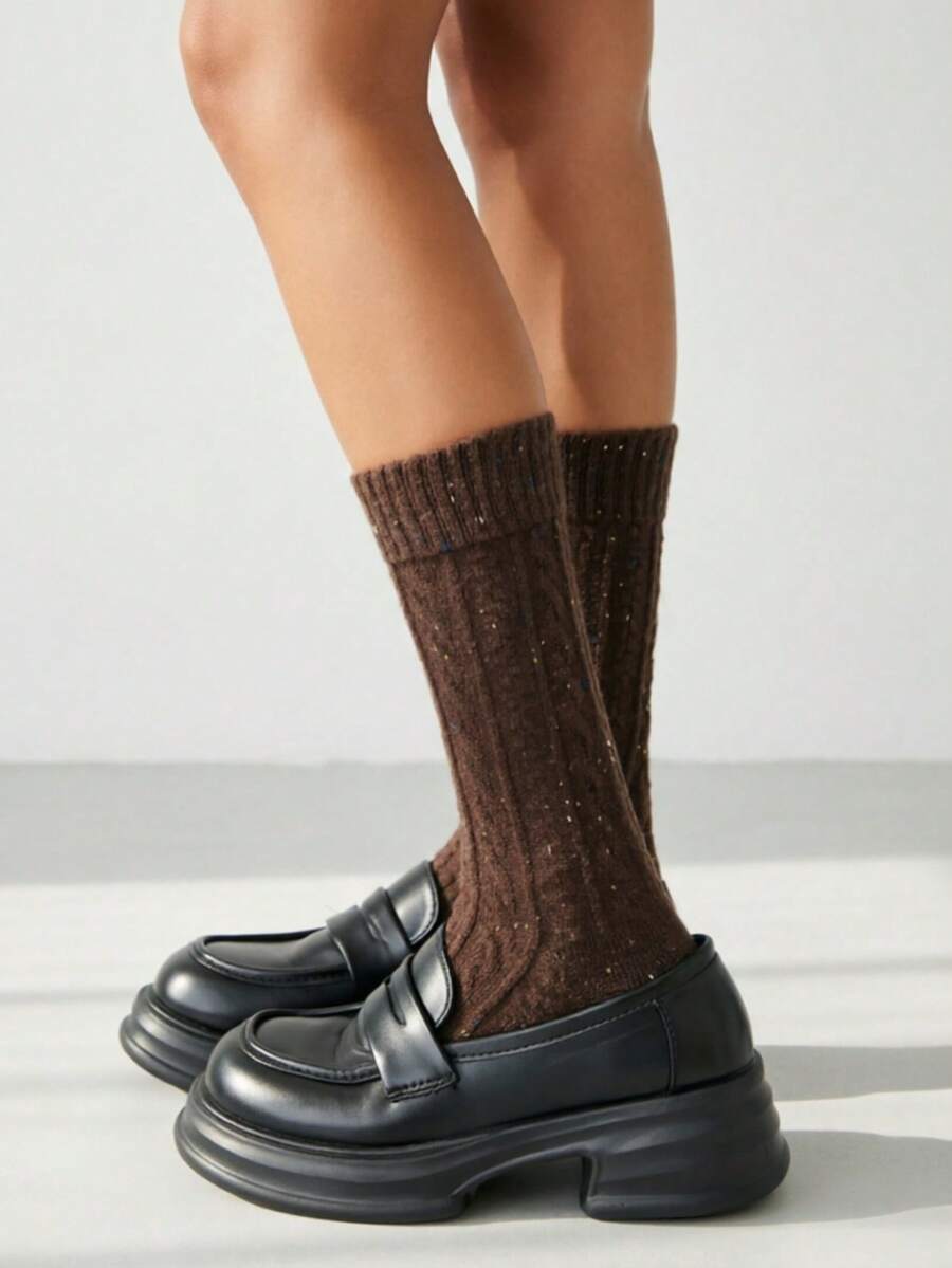 1/4/5 pares de calcetines de lana estilo romántico francés, calcetines de media pantorrilla engrosados con patrón de punto de cable para mujeres, otoño/invierno - Multicolor - Ver 1