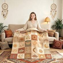 1PC Vintage Warm Brown Patchwork Sun Moon Moth & Plant Print Flannel Throw Blanket, Bohemian Style, For Home, Living Room, Sofa, Nap, Decorative Air Conditioning Blanket - Multicolor - View 10