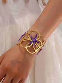 Vintage Ocean Style Hollow Hammered Open Cuff Bracelet, Purple Oil Drop Starfish Design Beach Vacation Vibe Wide Bangle - Purple Starfish - View 10