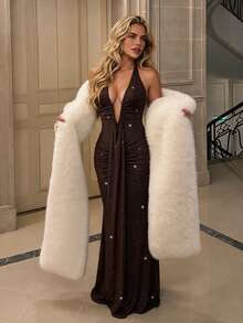 NOVELLE Women's Early Autumn Elegant Sexy Deep V-Neck Sequin Sleeveless Halter Neck Maxi Dress, Suitable For Evening Party, Halloween Outfit - Brown - View 6