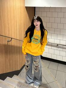 Women's American Style Letter Print Long Sleeve T-Shirt, Autumn New Loose Fit Versatile Slouchy Base Layer Top - Yellow - View 1