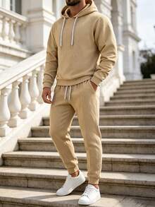 Men's Solid Textured Hoodie Jogger Set, Contrast Striped Drawstring Pullover Hoodie & Cuffed Jogger Pants, 2-Piece Autumn Sports Casual Outfit - Apricot - View 4