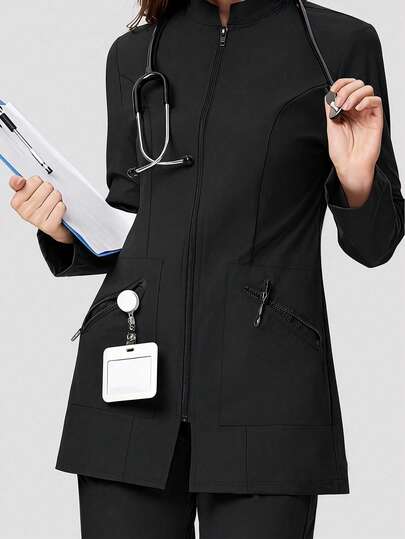Chaqueta de uniforme de enfermera de manga larga con cremallera, cuello y bolsillo, ropa de trabajo casual para desplazamientos, bata de laboratorio para dentista, atención médica, hospital de mascotas, laboratorio, color negro, otoño