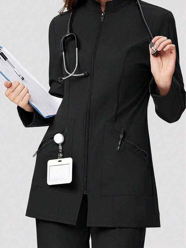 Casual Commuting Long Sleeve Zip-Up Collar Pocket Scrubs Nurse Workwear Jacket Lab Coat For Dentist, Healthcare, Pet Hospital, Laboratory Black Fall