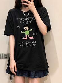 大码女式休闲简约短袖上衣，卡通人物印花，时尚百搭黑色夏季款 - 黑色 - 查看 11