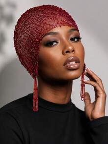 Turban Jala Transparan Berhiaskan Manik-Manik Mewah, Hijab Muslim Panjang dengan Rumbai Manik-Manik, Penutup Kepala Jala yang Bernapas, Penutup Kepala Elegan dan Sopan untuk Pesta Pernikahan - MultiWarna - View 1