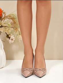 Women's Pointed Solid Color Bow Tie Coarse Heel Sandals, Can Be Paired With Skirts And Pants, Suitable For Daily Use, Dating, And Vacation - 杏色 - 查看 6