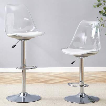 Modern Adjustable Bar Stool Set, 2 Pieces With Transparent Plastic Back And PU Leather Seat, Silver Metal Legs. Height Adjustable, At The Same Time 360° Rotatable, Suitable For Kitchens, Bistros, 65.5 X 52.5 X 63.5 Cm