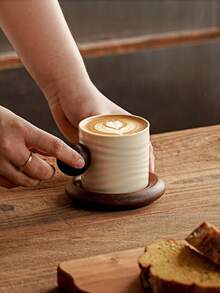 Japanese Wabi-Sabi Ceramic Coffee Cup & Saucer Set With Handmade Texture And Round Wooden Handle – Ideal For Home Afternoon Tea, Latte Art, And Daily Brew – Rustic Elegance For Warm, Inviting Sips. - Multicolor - View 9