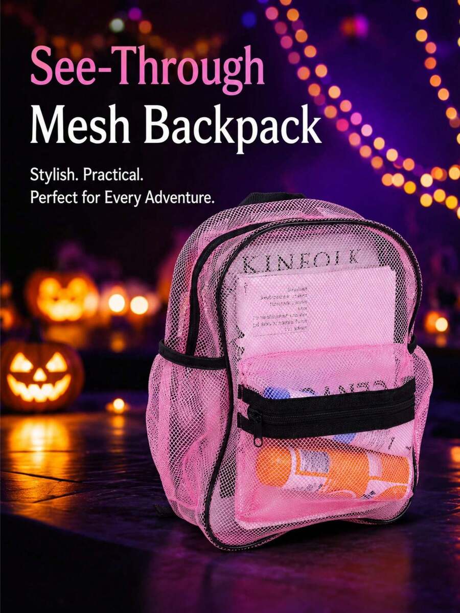 1pc New Halloween Theme High Capacity Mesh Backpack, Transparent Beach Bag, Suitable For School, Travel, Daily Use, Swimming And Vacation - Multicolor - View 1