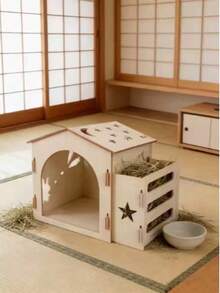 Wooden Rabbit Hideout With Hay Feeder, Star & Moon Hollow Rabbit Shelter, Detachable Guinea Pig Hideout Nest, Small Pet Wooden Habitat Decoration - one-size - View 4
