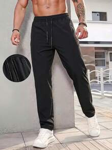 Men's Plus Size XL-6XL Ice Silk Straight Leg Casual Pants, Elastic Waist Drawstring Design, Lightweight Wrinkle-Resistant Travel & Commute Long Pants - Black - View 3