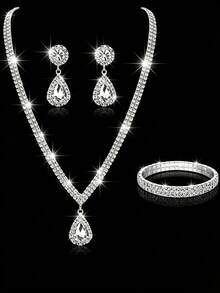 Women Evening Accessory Sets,Matching Rhinestone Necklace Earrings Bracelet Set, Elegant Bridal Luxury Style For Wedding Gala Prom Banquet Ladies - Multicolor - View 3